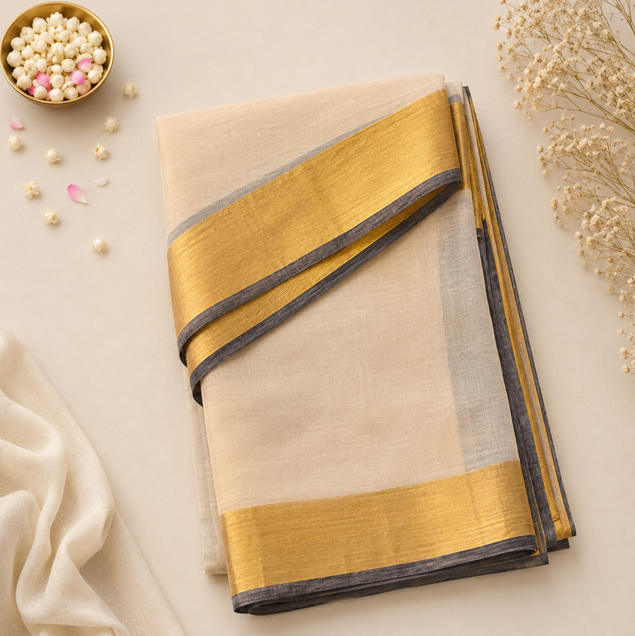 A studio flatlay shot of a folded golden-beige Kerala Tissue Saree on a light cream surface. The fabric displays a metallic sheen, framed by a wide gold kasavu border with dark charcoal grey edges. Available in the UK at theindianshelf.co.uk.