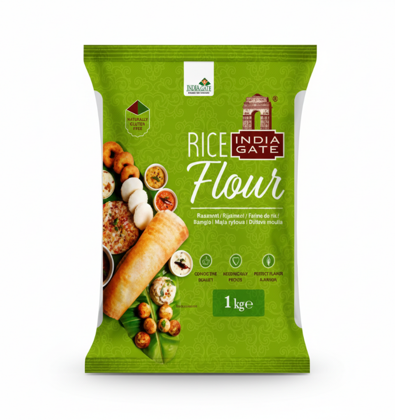 A bright green, 1 kge bag of India Gate Rice Flour. The packaging prominently features the India Gate logo and an appetizing arrangement of South Indian rice-based dishes, including idlis, vadas, dosa, and sambar, arranged around a long, rolled dosa on a banana leaf. The bag highlights its quality with seals for "NATURALLY GLUTEN FREE," "CONSISTENT QUALITY," and "PERFECT FLAVOR & AROMA."