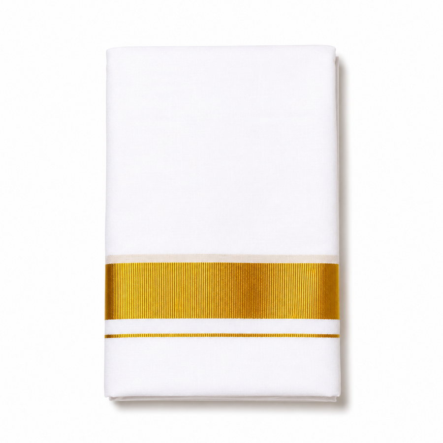 A neatly folded pure white men's Kerala kasavu mundu (dhoti) centered on a solid white background, featuring a broad horizontal golden zari border, a fine parallel gold accent stripe, and a thin beige border strip. Available in the UK at theindianshelf.co.uk.