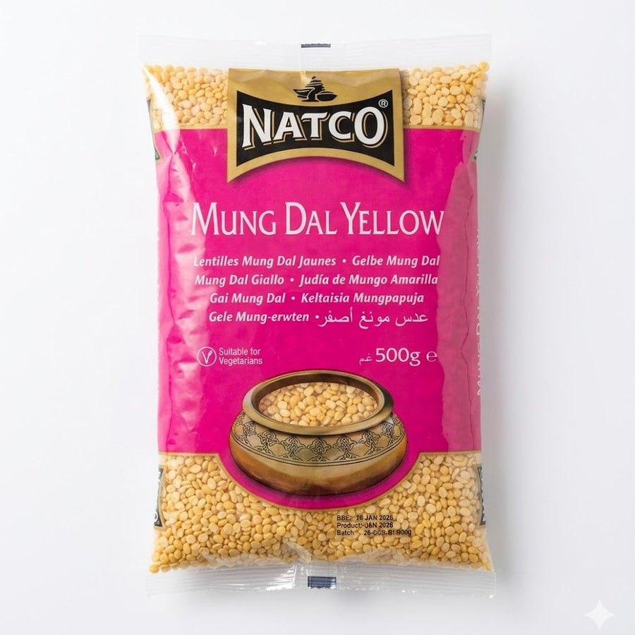 This is a 500g pack of Mung Dal Yellow (split and husked mung beans) from Natco. It is a suitable for vegetarians product, widely used in Indian cooking for its mild flavor and quick-cooking properties, making it ideal for creamy dals, khichdi, and various snacks.This product is available in the UK at theindianshelf.co.uk.