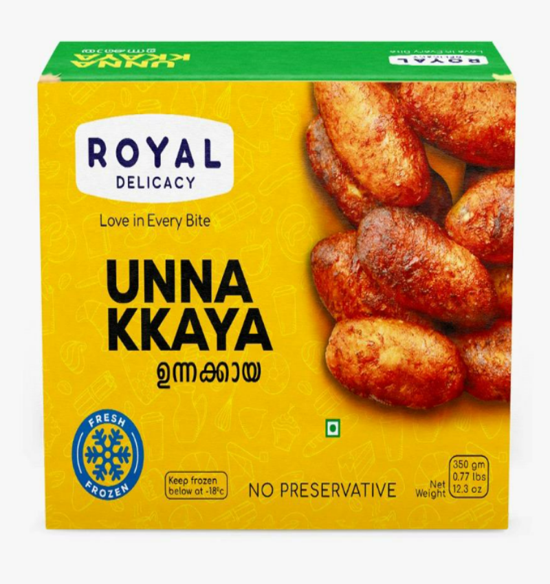 A bright yellow and green box of Royal Delicacy Unnakkaaya (a fried, spindle-shaped dessert made from plantain). The packaging features a close-up photo of several golden-brown, elongated Unnakkaayas clustered on the right side. The product is labeled "Fresh Frozen" with a snowflake graphic and states "NO PRESERVATIVE." The net weight is listed as 350 gm (0.77 lbs, 12.3 oz).