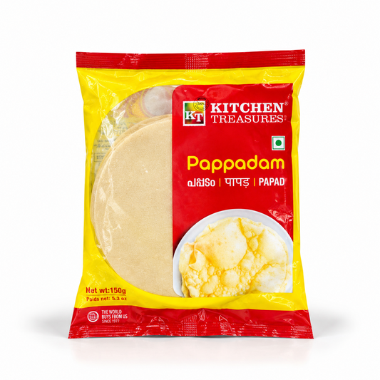 A 150g red and yellow retail pouch of Kitchen Treasures Pappadam featuring brand logos and fried pappadam imagery, centered on a solid white background. Available in the UK at theindianshelf.co.uk.