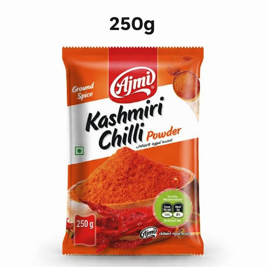 Ajmi Kashmiri Chilli Powder
This is a 250g pack of Ajmi Kashmiri Chilli Powder, a ground spice known for providing a vibrant red color to dishes with a mild heat level. It is a 100% vegetarian product used extensively in Indian cuisine to enhance both the appearance and flavor of various recipes.
This product is available in the UK at theindianshelf.co.uk.