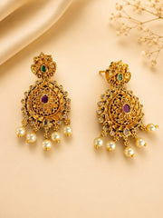 Antique Gold Pearl Drop Earrings with Ruby & Emerald Stones