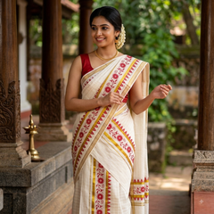 Tissue Cotton Kasavu Double Set Mundu (Red Floral Motif & Gold Zari Border)