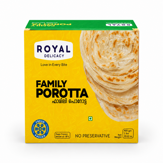 A 908g yellow retail box of Royal Delicacy Family Porotta featuring serving imagery and branding, centered on a solid white background. Available in the UK at theindianshelf.co.uk.