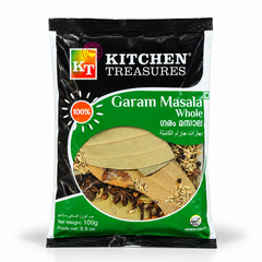 A 100g  black and green retail pouch of Kitchen Treasures Garam Masala Whole featuring brand logos and visible whole spices, centered on a solid white background. Available in the UK at theindianshelf.co.uk.