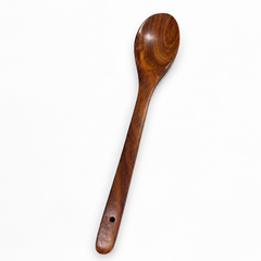 A 14-inch wooden oval laddle spoon featuring rich natural wood grain and a hanging hole on the handle, centered on a solid white background. Available in the UK at theindianshelf.co.uk.