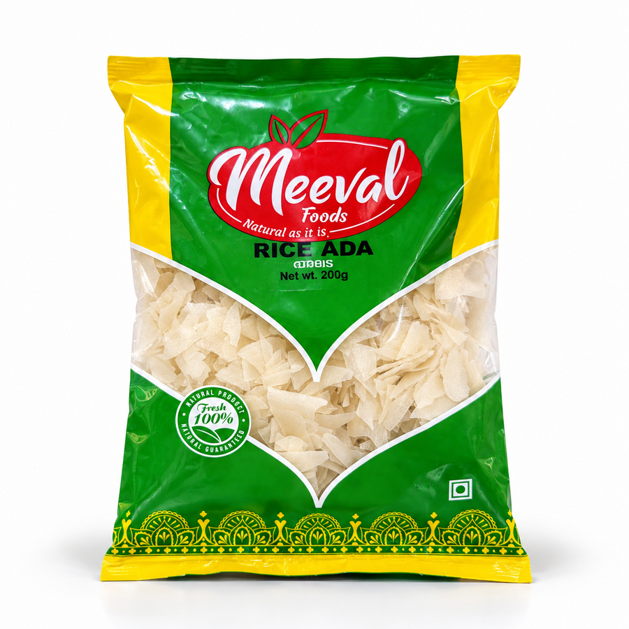 A 200g green and yellow pouch of Meeval Foods Rice Ada featuring brand logos, a freshness seal, and visible rice flakes, centered on a solid white background. Available in the UK at theindianshelf.co.uk.