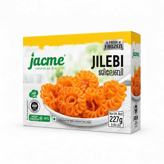 A 227g box of Jacme Fresh Frozen Jilebi featuring a bowl of golden-orange syrup-soaked jalebi spirals on a white background. Available in the UK at theindianshelf.co.uk.