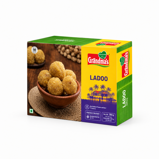 A 350g box of Grandma's Ladoo featuring golden boondi sweet balls served in a traditional clay bowl, centered on a solid white background. Available in the UK at theindianshelf.co.uk.