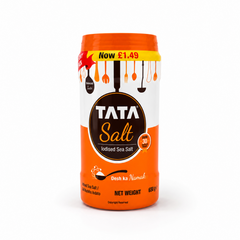 A 650g orange and white canister of Tata Iodised Sea Salt featuring the brand logo and "Desh ka Namak" tagline, centered against a solid white background. Available in the UK at indianshelf.co.uk.