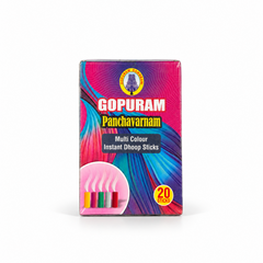 A box of Gopuram Panchavarnam Multi Colour Instant Dhoop Sticks featuring a colorful pattern and a 20-stick count badge, centered on a solid white background. Available in the UK at theindianshelf.co.uk.