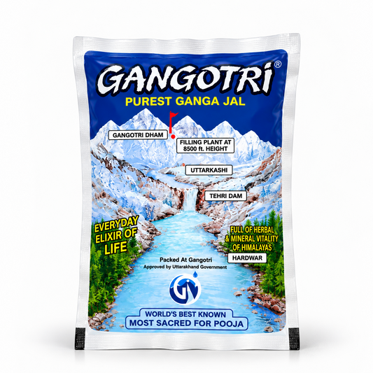 A sealed pouch of Gangotri Purest Ganga Jal featuring a Himalayan mountain landscape design, centered on a solid white background. Available in the UK at theindianshelf.co.uk.