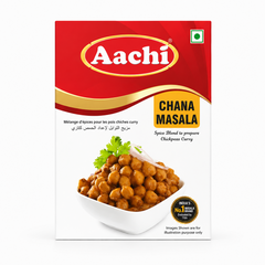 A box of Aachi Chana Masala centered on a solid white background, featuring a red and white packaging design with a yellow "Chana Masala" badge and an illustration of a white bowl filled with cooked chickpeas garnished with fresh coriander and sliced onion rings. This product is available in the UK at theindianshelf.co.uk.