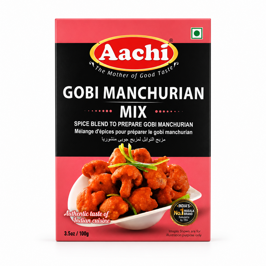 A 100g box of Aachi Gobi Manchurian Mix centered on a solid white background, featuring a pink and black packaging design with an oval logo and a bowl filled with crispy, sauce-coated cauliflower florets garnished with scallions. This product is available in the UK at theindianshelf.co.uk.