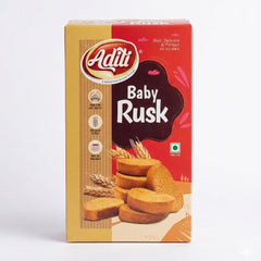 This is a box of Aditi Baby Rusk, a rich and delicate 100% vegetarian snack. High in fiber and made from quality sources, it is designed as a perfect accompaniment for tea.This product is available in the UK at theindianshelf.co.uk.