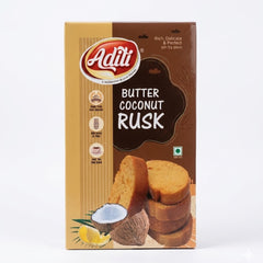 This is a box of Aditi Butter Coconut Rusk, a tea-time snack that combines the rich flavors of butter and coconut. It is a 100% vegetarian product, high in fiber, and described as rich and delicate.
This product is available in the UK at theindianshelf.co.uk.
