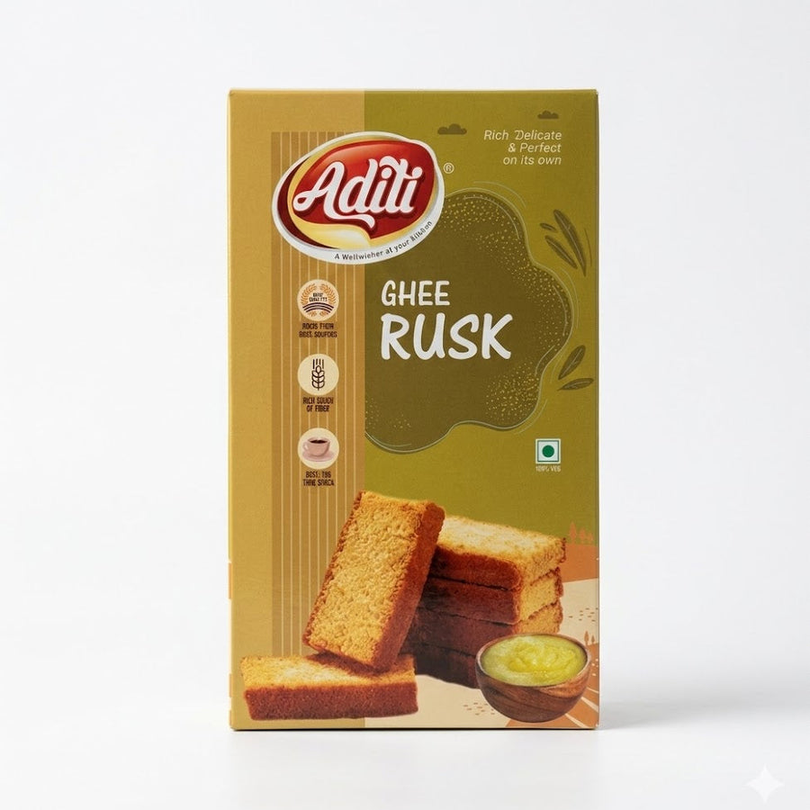 This is a box of Aditi Ghee Rusk, a rich and delicate tea-time snack infused with the authentic flavor of ghee. It is a 100% vegetarian product that is high in fiber and made from quality sources.
This product is available in the UK at theindianshelf.co.uk.
