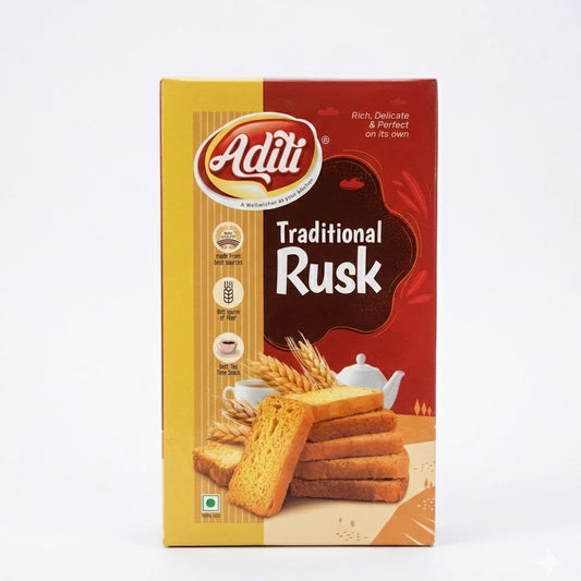 This is a box of Aditi Traditional Rusk, a classic tea-time snack described as rich, delicate, and perfect on its own. It is a 100% vegetarian product, high in fiber, and made from quality sources.
This product is available in the UK at theindianshelf.co.uk.