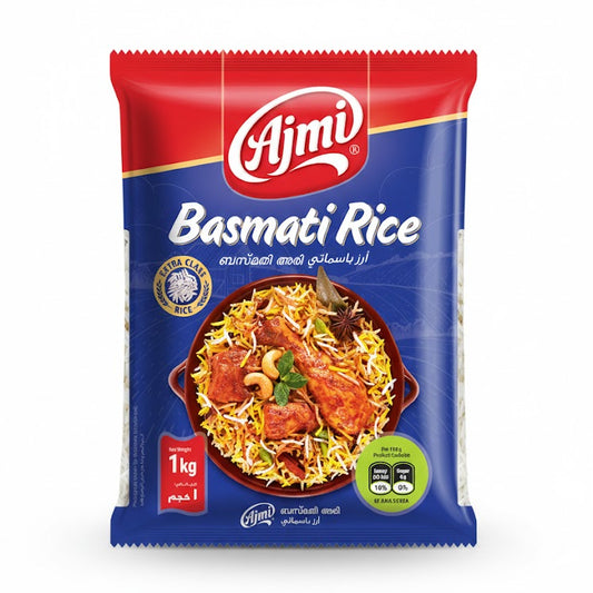 Ajmi Basmati Rice 1kg bag, featuring extra-class long-grain rice perfect for authentic biryanis and pulaos, is available for purchase at theindianshelf.co.uk.