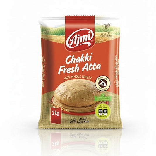Ajmi Chakki Fresh Atta - 100% Whole Wheat (2 Kg) by The Indian Shelf – Flour, Indian grocery product, for customers in the UK