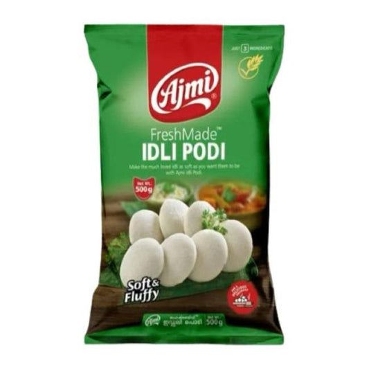 Ajmi FreshMade Idli Podi 500g bag, featuring high-quality rice powder for making soft and fluffy traditional steamed idlis, is available for purchase at theindianshelf.co.uk.
