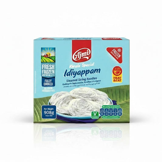 Ajmi Fresh Frozen Idiyappam Kerala Special 908g pack, featuring fully cooked steamed rice string hoppers, is available for purchase at theindianshelf.co.uk.