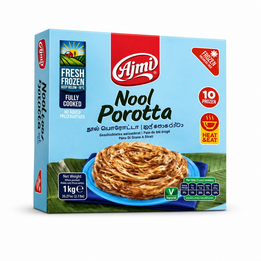 A studio product shot of a square light-blue box of Ajmi Fresh Frozen Nool Porotta against a white background. The top center features a bold red vertical band with the white "Ajmi" logo, the title "Nool Porotta" is printed in prominent dark green script. The central graphic displays a golden-brown, coiled, flaky porotta resting on a bright blue plate over a green banana leaf. This product is available in the UK at theindianshelf.co.uk.