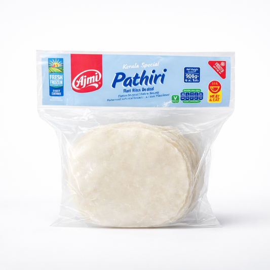 Ajmi Fresh Frozen Pathiri Kerala Special 908g pack, featuring fully cooked flat rice bread in a larger value size, is available for purchase at theindianshelf.co.uk.
