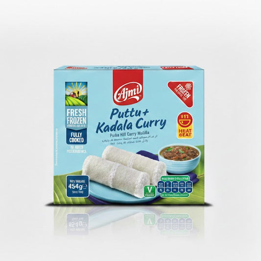 Ajmi Fresh Frozen Puttu and Kadala Curry 454g pack, featuring a fully cooked traditional Kerala breakfast combo, is available for purchase at theindianshelf.co.uk.