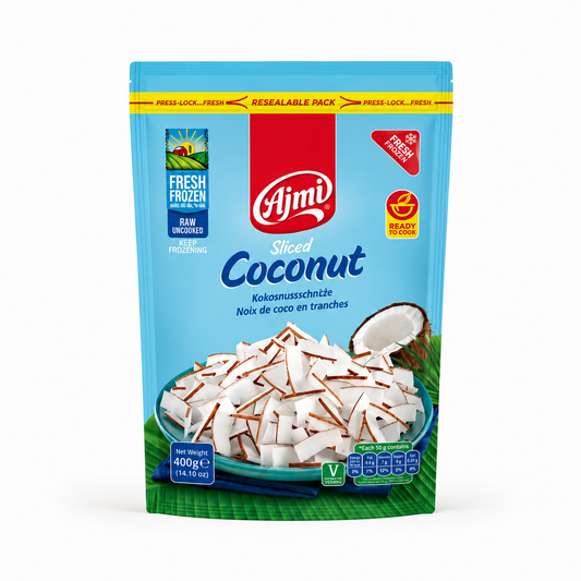 A 400g resealable bag of Ajmi Fresh Frozen Sliced Coconut centered on a white background, featuring a light blue and red label design displaying a bowl filled with fresh coconut slices and a halved coconut. This product is available in the UK at theindianshelf.co.uk.