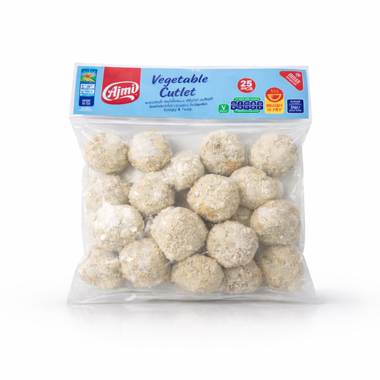 Ajmi Fresh Frozen Vegetable Cutlet 25 pieces pack, featuring crispy and tasty breaded vegetable patties ready to fry, is available for purchase at theindianshelf.co.uk.