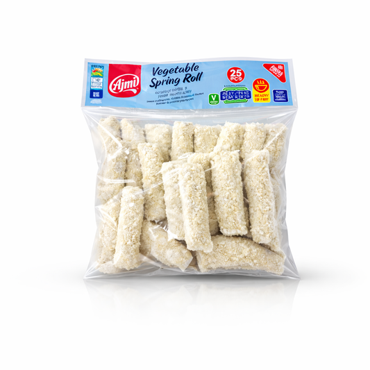 Ajmi Fresh Frozen Vegetable Spring Roll 1kg pack, featuring crispy appetizers stuffed with a savory vegetable filling and ready to fry, is available for purchase at theindianshelf.co.uk.