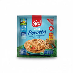 Ajmi Fresh Frozen Wheat Porotta 330g pack, featuring 6 pieces of fully cooked layered whole wheat bread, is available for purchase at theindianshelf.co.uk.
