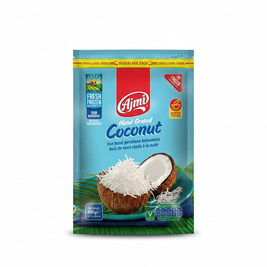 Ajmi Hand Grated Coconut 400g resealable pack, featuring high-quality fresh frozen raw ingredients for authentic cooking, is available for purchase at theindianshelf.co.uk.