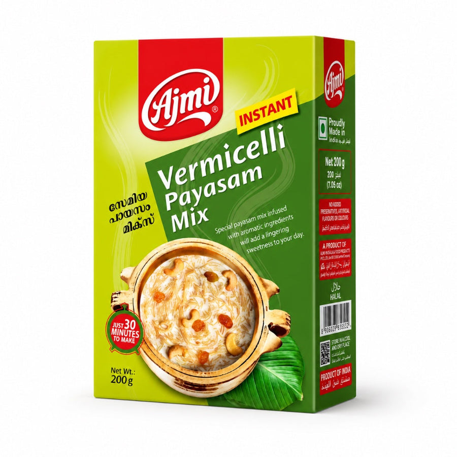 A professional studio shot of the Ajmi Instant Vermicelli Payasam Mix box as seen in image_d2fb70.jpg. The packaging is a vibrant lime green with a red top section featuring the "Ajmi" logo. A large circular image at the bottom shows a traditional brass bowl filled with creamy vermicelli payasam garnished with cashews and raisins, resting on a green leaf. A red badge on the left states "JUST 20 MINUTES TO MAKE". This product is available in the UK at theindianshelf.co.uk.