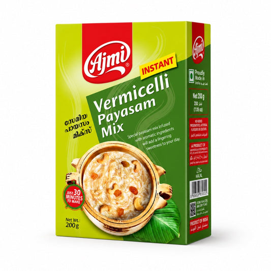 A professional studio shot of the Ajmi Instant Vermicelli Payasam Mix box as seen in image_d2fb70.jpg. The packaging is a vibrant lime green with a red top section featuring the "Ajmi" logo. A large circular image at the bottom shows a traditional brass bowl filled with creamy vermicelli payasam garnished with cashews and raisins, resting on a green leaf. A red badge on the left states "JUST 20 MINUTES TO MAKE". This product is available in the UK at theindianshelf.co.uk.