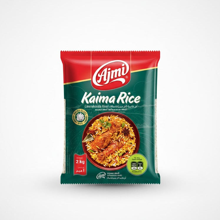 Ajmi Kaima Rice (Jeerakasala Rice) 2kg bag, an extra-class aromatic grain perfect for traditional biryani, is available for purchase at theindianshelf.co.uk.
