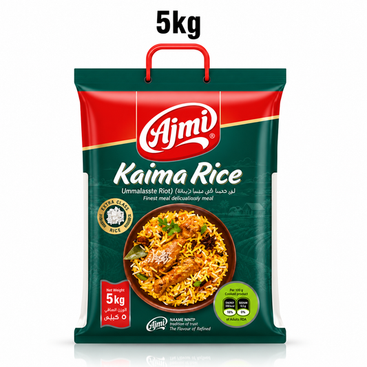 professional studio product shot of a 5kg rectangular rice sack of Ajmi Kaima Rice standing vertically against a solid white background, underneath a bold "5kg" text label as seen in image_29ff3e.jpg. The bag includes a bright red curved carrying handle at the top. The top section of the bag features a red curved panel that houses the white "Ajmi" logo. This product is available in the UK at theindianshelf.co.uk.