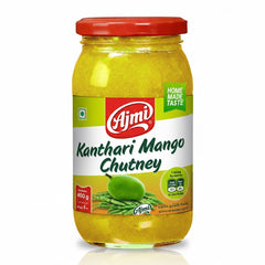Ajmi Kanthari Mango Chutney 400g jar, featuring a "Homemade Taste," is available from theindianshelf.co.uk.
