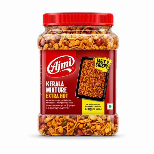 A transparent 400g plastic jar with a red lid filled with spicy Ajmi Kerala Mixture Extra Hot, featuring a deep red front label, centered against a solid white background. Available in the UK at indianshelf.co.uk.