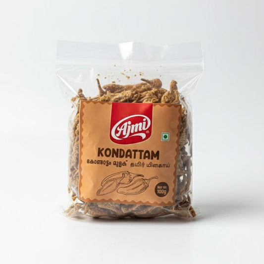 Ajmi Kondattam 100g pack, featuring authentic dried and spiced chilies for a crunchy traditional side dish, is available for purchase at theindianshelf.co.uk.