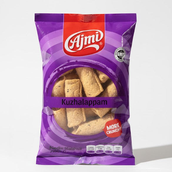 Ajmi Kuzhalappam 200g bag, featuring extra-crunchy traditional Kerala-style rice flour snacks, is available for purchase at theindianshelf.co.uk.