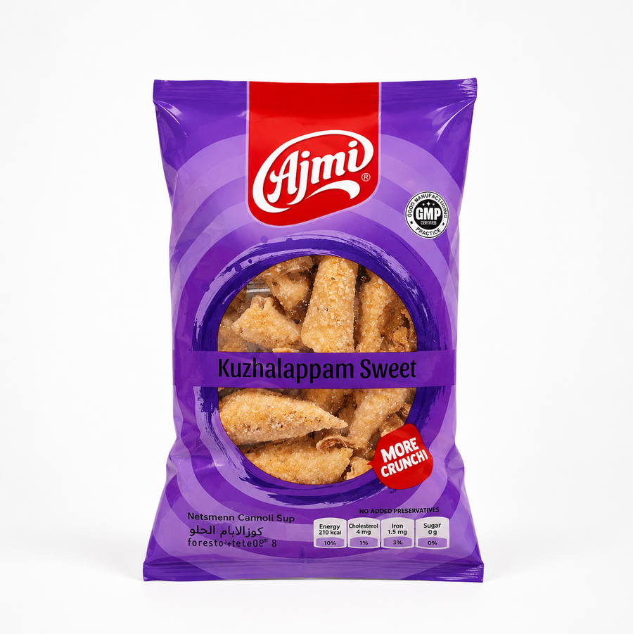 A professional studio shot of a stand-up pillow pouch of Ajmi Kuzhalappam Sweet The packaging features a vibrant purple background adorned with concentric circular patterns. A bold red vertical band drops down from the center top, highlighting the prominent white script "Ajmi" brand logo. To the right of the logo sits a circular silver "GMP CERTIFIED PRACTICE" stamp. This product is available in the UK at theindianshelf.co.uk.