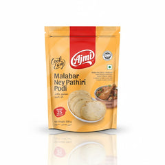 Ajmi Cook Easy Malabar Ney Pathiri Podi 500g pack, featuring a traditional deep-fried rice poori mix from Kerala's Malabar region, is available for purchase at theindianshelf.co.uk.