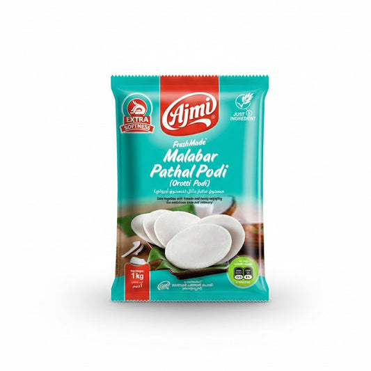 Ajmi Malabar Pathal Podi (Orott Podi) 1kg bag, featuring premium rice flour for extra-soft traditional steamed breads, is available for purchase at theindianshelf.co.uk.