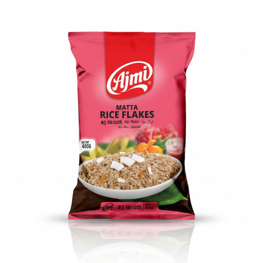 Ajmi Matta Rice Flakes 400g pack, featuring high-quality flattened red rice for a healthy and traditional breakfast or snack, is available for purchase at theindianshelf.co.uk.