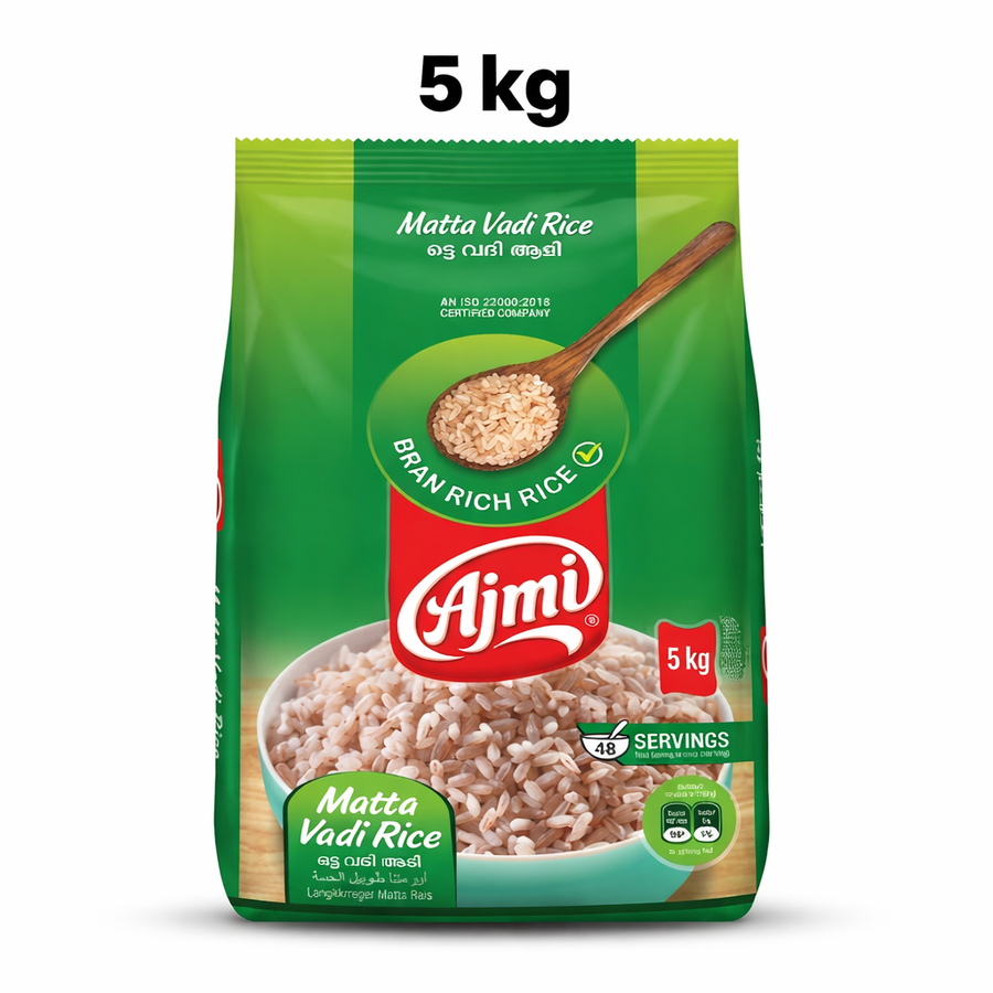This is a 5kg pack of Ajmi Matta Vadi Rice, providing approximately 48 servings. It is a bran-rich variety of parboiled rice, known for its distinct earthy flavor and nutritional profile. The product is from an ISO 22000:2018 certified company, ensuring high standards of food safety and quality.