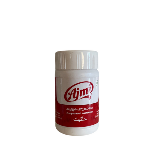 Ajmi Pure Compounded Asafoetida, featuring a potent spice essential for enhancing the flavor of various Indian dishes, is available for purchase at theindianshelf.co.uk.